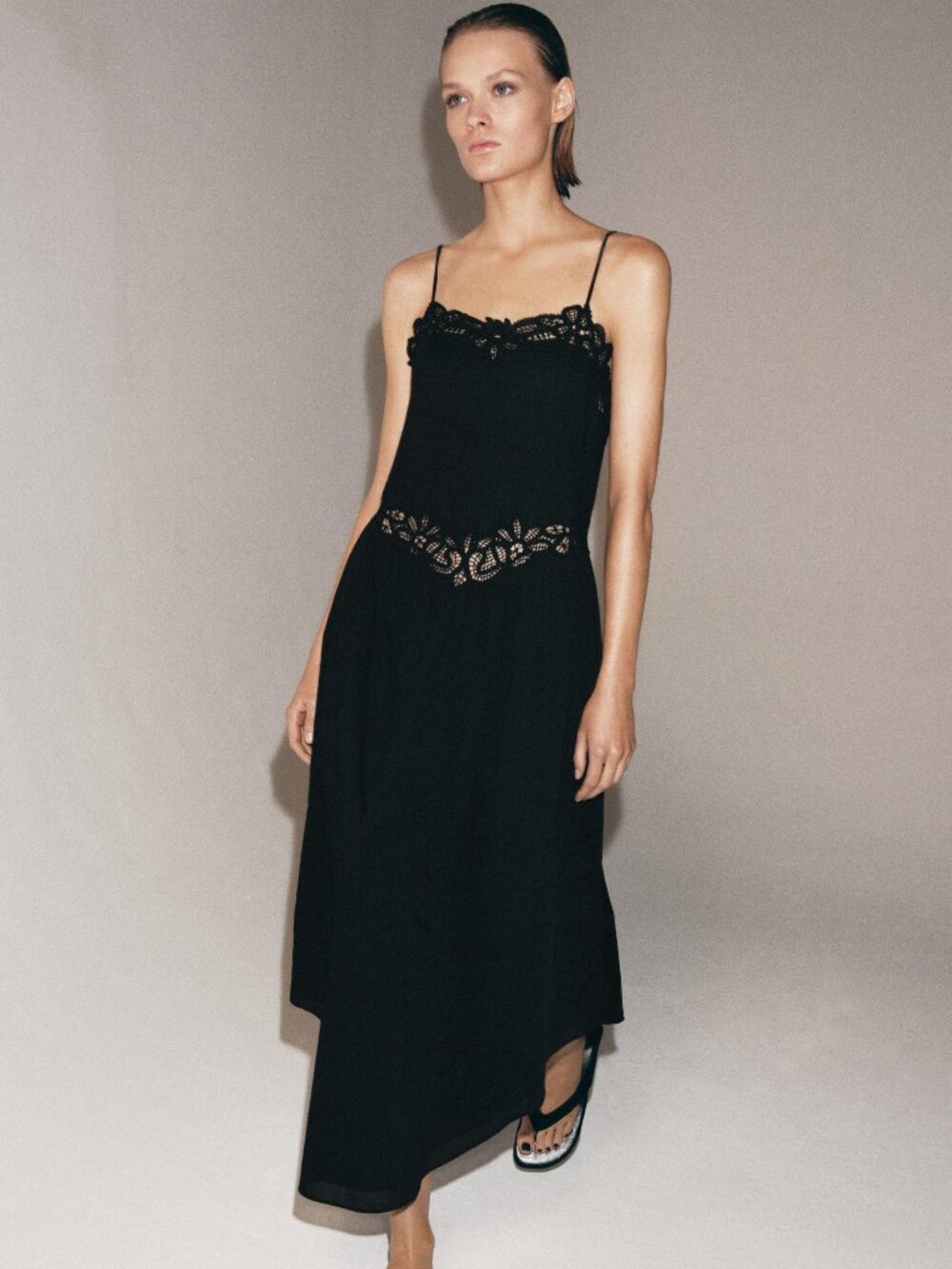 Zara Woman Collection Pintuck Stitched Cotton Lace Midi Dress in Black Med NWT